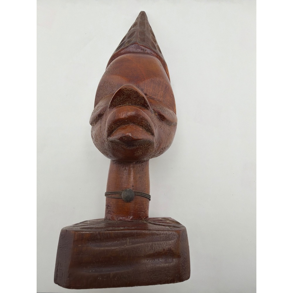 Hand Carved Wood Face Sculpture Pedestal Folk Art Decor - Picture 4 of 5